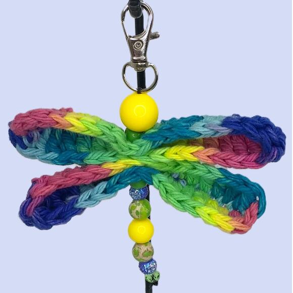 Colorful Crochet Handmade Dragonfly Keychain Beaded Bag Charm Upcycled Mini - Picture 1 of 10